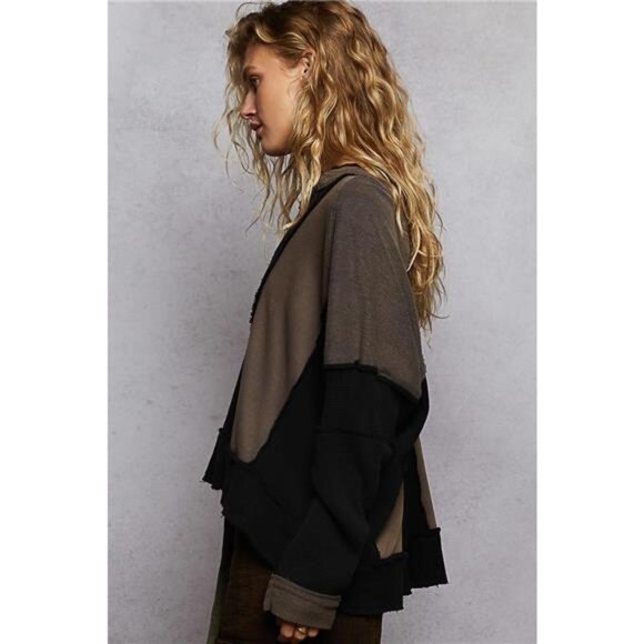 POL Color Block Waffle Knit Raw Hem Sweatshirt - Picture 3 of 9